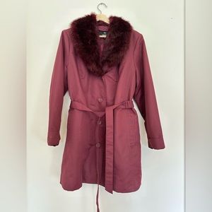 Penny Lane Maroon Faux Fur Collar Coat - Double Lined - Waterproof - 90s/y2k